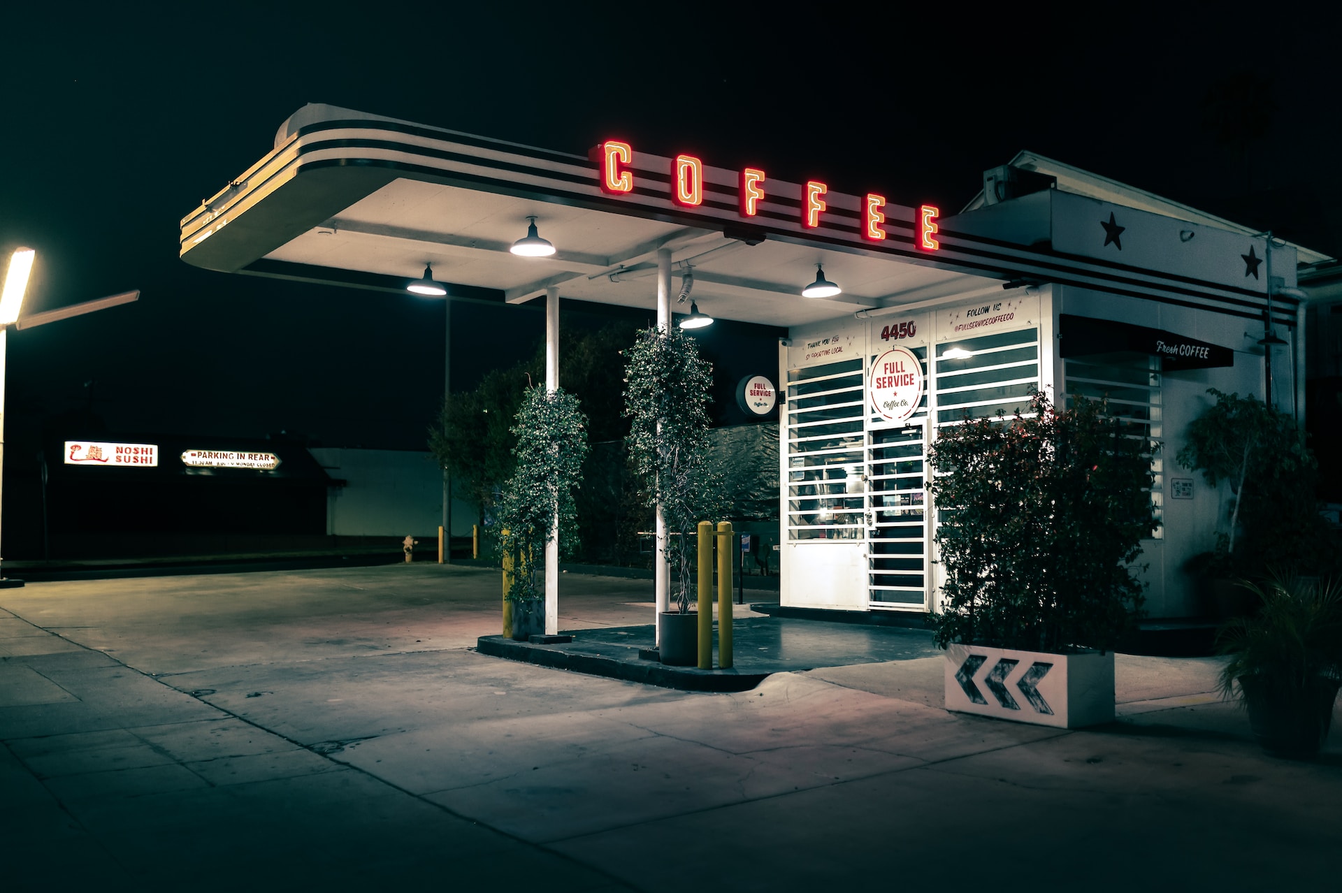 Self service gas station with coffee and free air pump